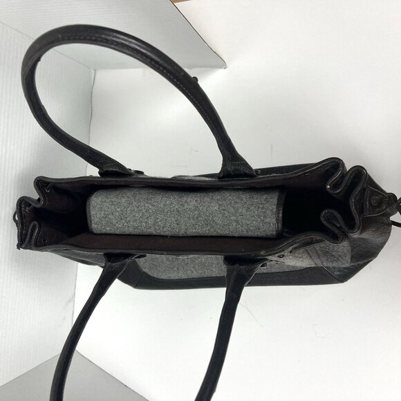 BR Banana Republic Leather Wool Drawstring Satchel Tote Gray Brown Academia 90s - Picture 10 of 14